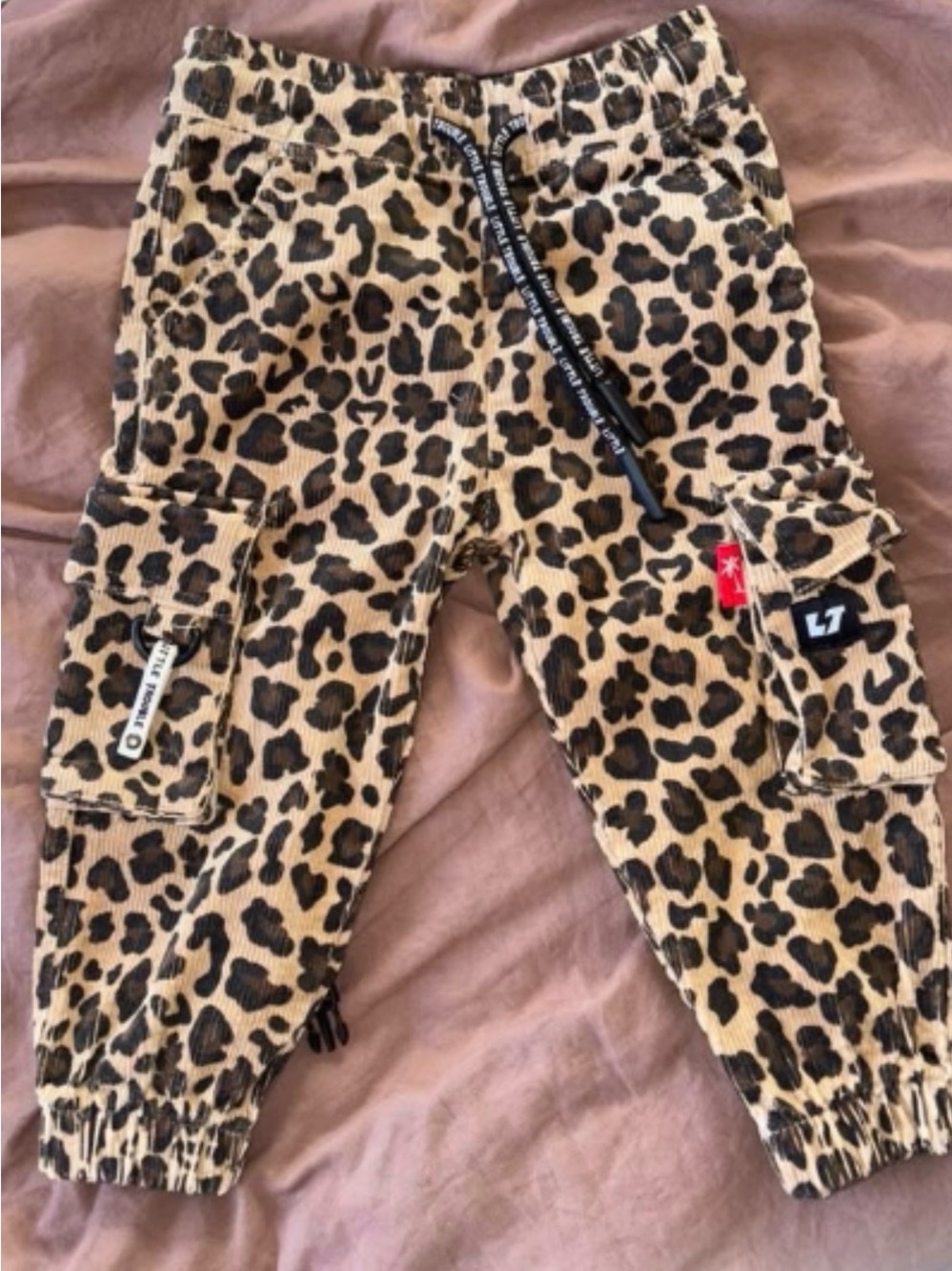 Kids Leopard Print Cargo Joggers - Tan/Black